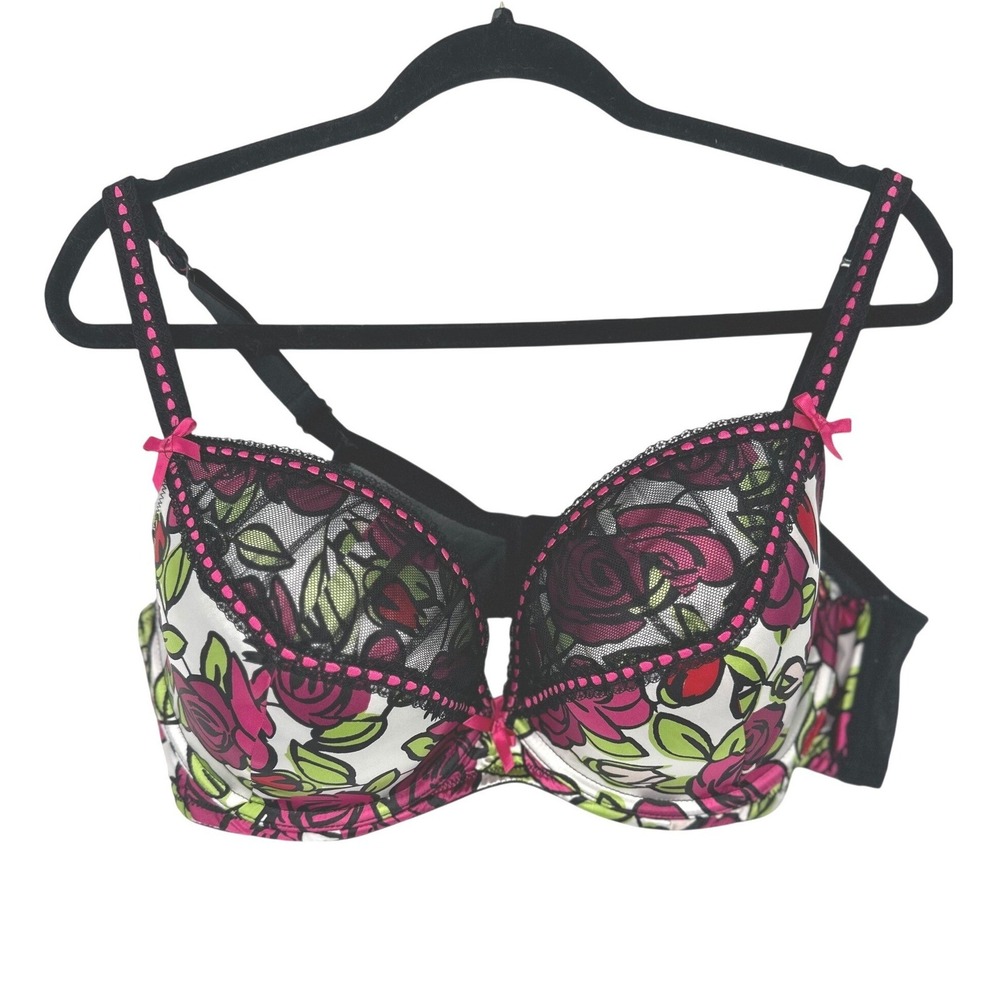 Cacique Bra 42D Floral Lace Trim Padded Underwire Pin Up Retro Coquette Romantic
